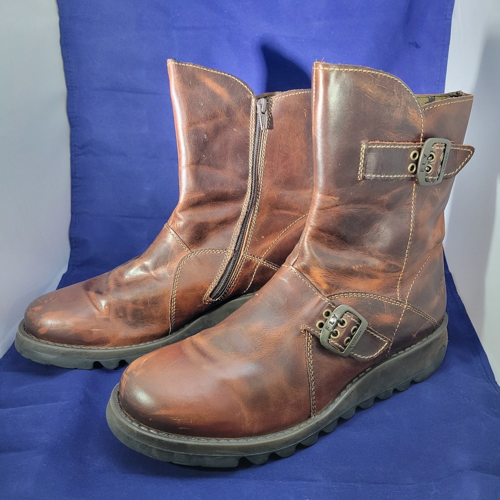 Fly London Boots Women 40 Brown Mes Rug Leather Mid Calf Wedge Moto Biker Chunky